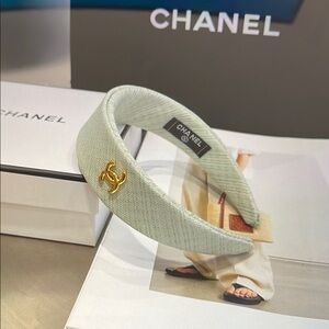 CHANEL Mint Tweed Padded Headband with Gold CC Emblem